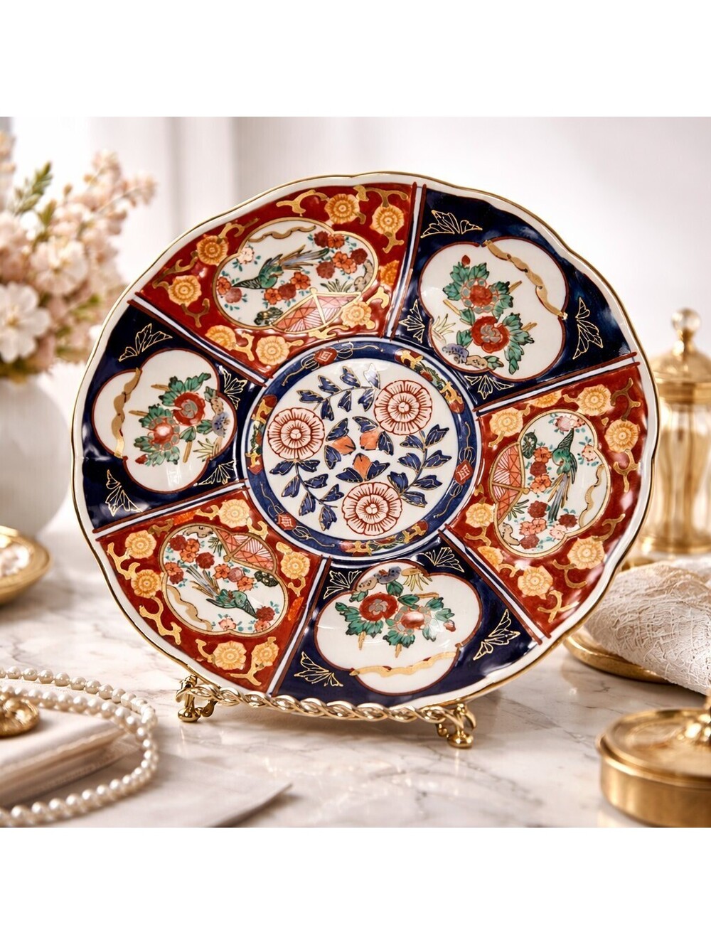 Vintage Japanese Imari Style Porcelain Plate 8” Hand Painted Red Blue Gold Flora